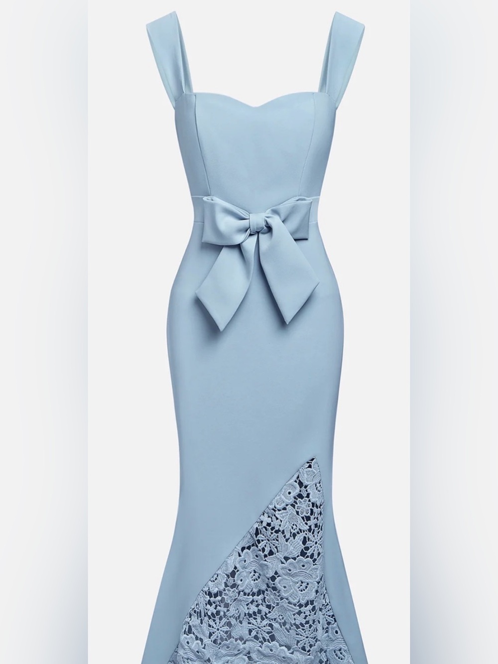 Fehaute Bow- Front Light Blue Midi Dress with Lace Panel #328